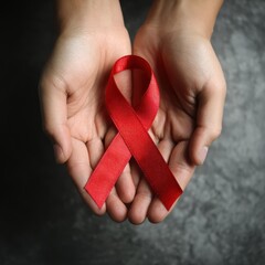 Risk of colon cancer. Hands holding a red awareness ribbon against a textured background.