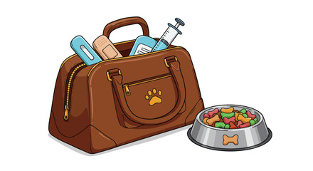 A cartoon pet first-aid and travel kit with a brown bag, medical supplies, and a food bowl.