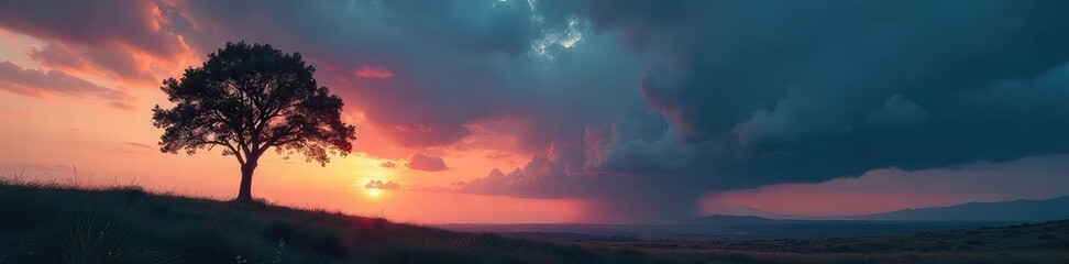 Fototapeta premium A lone tree stands silhouetted against a vast, stormy sky, symbolizing isolation and the weight of the unseen , somber, light, inner turmoil