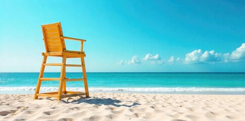 A lone tower stands tall against a vibrant blue sky, overlooking a calm ocean A lifeguard chair sits empty, ready for duty Summer safety, coastal surveillance, peaceful beach scene , sun, safety