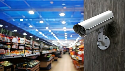 Security camera mounted on wall, overlooking a blurred supermarket aisle