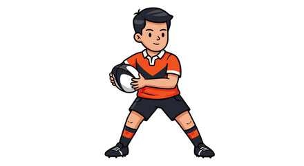 Cartoon Rugby Player Holding Ball in Orange and Black Uniform