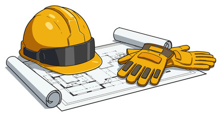 A yellow construction hard hat and protective work gloves resting on architectural blueprints.