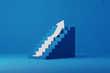 Conceptual staircase with arrow pointing upwards against a blue background symbolizing growth and success