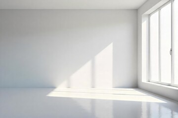 Fototapeta premium A pristine, empty, white room, sunlight streaming through a large window, highlighting dust motes in the air Perfect for minimalist, clean, or new beginnings concepts , solitude, new