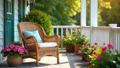 Obraz premium A rustic cane chair sits on a sun-drenched porch, surrounded by vibrant summer blooms Enjoy the lazy days of summer with this comfortable and stylish seating , cottage, woven