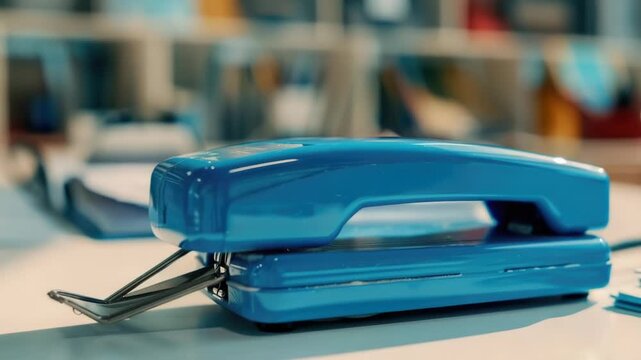 A blue stapler sitting on a table