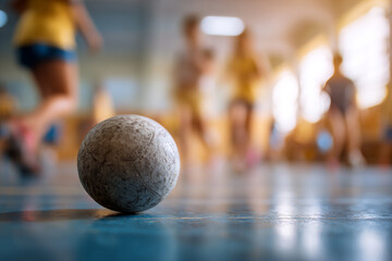 Old ball sits on floor children playing in background gym