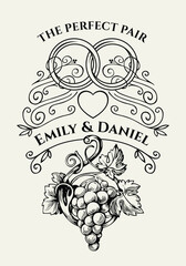 Vector wedding vintage wine label for engagement, with a pattern of a bunch of grapes, wedding rings and a heart in baroque style. No AI. 