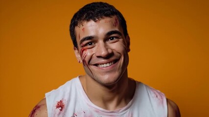 Smiling young adult male with messy face, exuding confidence and resilience, vibrant orange background creating a bold contrast, evokes themes of triumph and perseverance