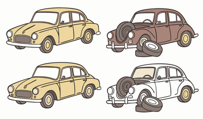 Obraz premium Broken vintage cars vector illustrations set. Collection of cartoon drawings of damaged or abandoned rusty old automobiles with flat tires isolated on white background. Car repair service concept 