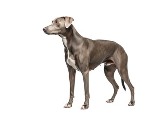 Lean, athletic silver-grey dog with charcoal markings, poised with keen gaze, against transparent studio background, concept of canine athleticism and intellect