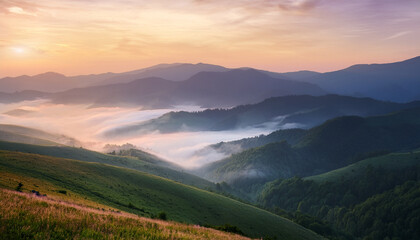 soft pastel mountain landscape with clouds and calm sunset sky