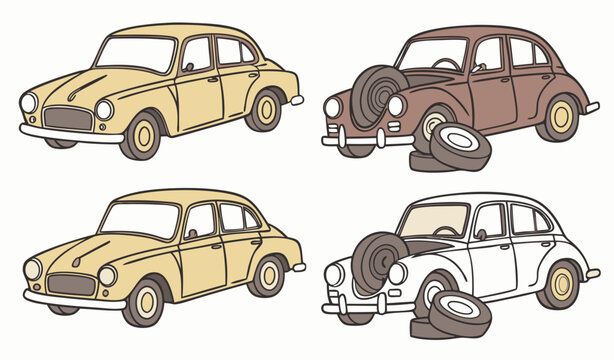 Broken vintage cars vector illustrations set. Collection of cartoon drawings of damaged or abandoned rusty old automobiles with flat tires isolated on white background. Car repair service concept 