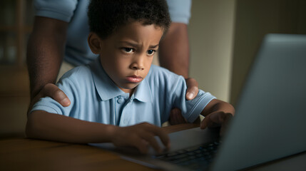 Young boy learning on laptop with teacher helping him at home