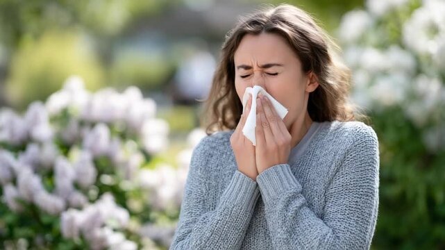 A young woman with spring allergies gently blows her nose amid blooming magnolia and lilac bushes, illuminated by bright daylight highlighting pollen particles.