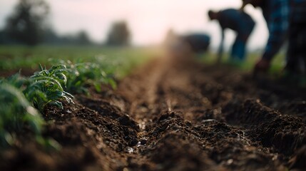 Fototapeta premium Farmers working together to plant crops in a field
