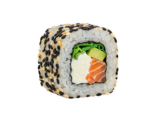 Delicious salmon sushi roll with cream cheese avocado and sesame seeds on a dark surface transparent background