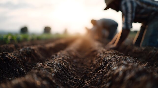 Farmers planting crops in long rows with cooperative effort and soft sunlight
