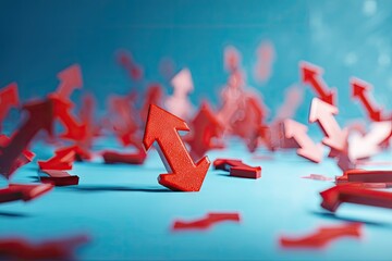 Scattered red arrows pointing in various directions against a blue background