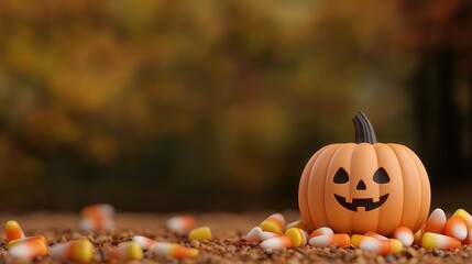 Naklejka premium Playful Boo with candy corn and jackolanterns, cheerful Halloween scene