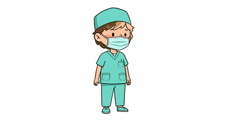 Cartoon illustration of a child doctor wearing teal scrubs, a matching cap, and a light blue surgical mask.