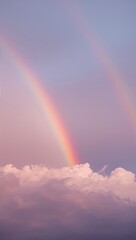 Pastel minimalist rainbow arch over flat horizon with gentle clouds