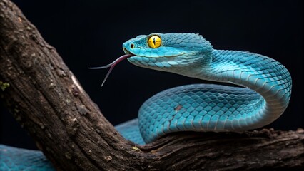 Fototapeta premium A beautiful blue viper with yellow eyes is sticking its tongue out on a branch