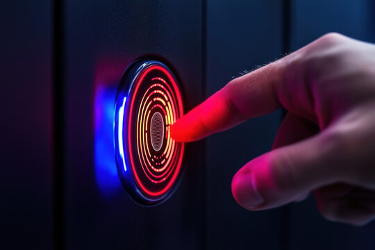 Fingerprint biometric security access scanner electronic medical records glow softly as fingertip meets circular sensor, futuristic interface hums