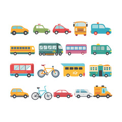 Naklejka premium Set of different cartoon vehicles isolated on transparent background in vector illustration , COLOR FUL VEHICLES SET