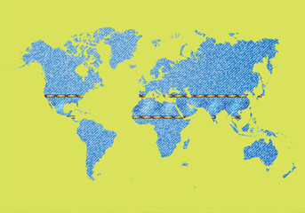 Denim World Map Illustration. Blue Jeans Fabric Global Map with Stitching Across Continents on Neon Background. Textile Industry, Fashion Supply Chain, Global Trade, Clothing Export and Sustainability