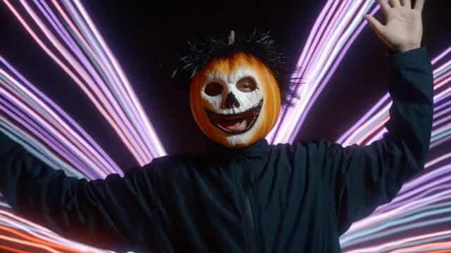 Person in pumpkin mask with glowing light trails, portraying a Halloween theme with vibrant energy, capturing a festive night vibe with creative elements