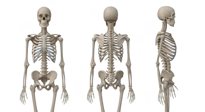 Human skeleton viewed from different angles isolated on transparent background
