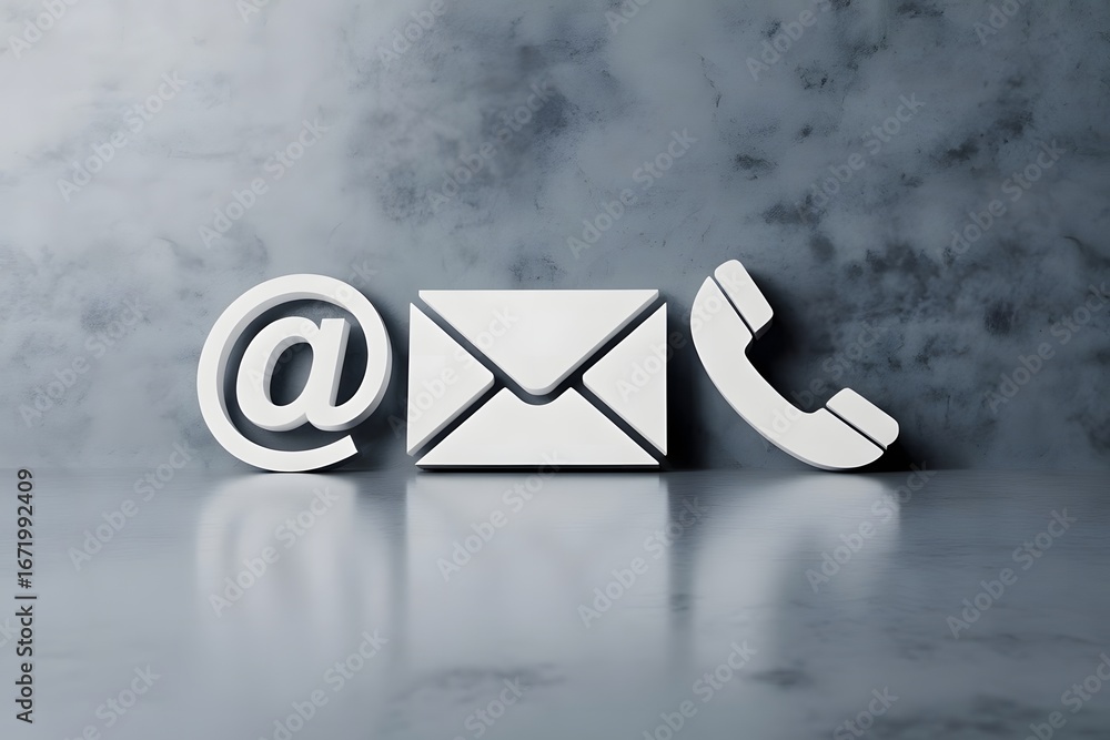 Poster three dimensional white icons representing email mail and telephone contact methods are displayed in