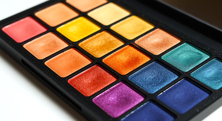 Close up of a vibrant eyeshadow palette with a spectrum of warm and cool colors arranged in a grid pattern