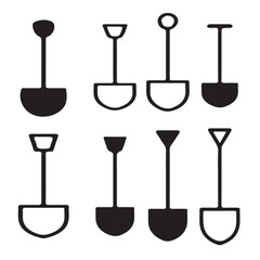 An isolated black silhouette of shovel tools