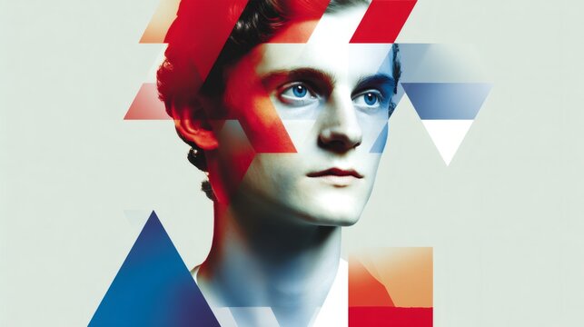 Creative portrait of young man with geometric shapes overlay. Modern artistic design for album cover, poster or social media profile. Digital art concept with copy space