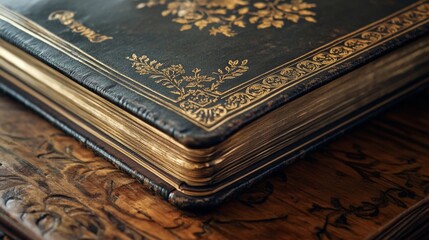 Ornate antique book with gold embossed cover on intricate wooden surface