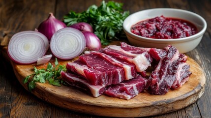 Fresh raw meat with onions and herbs on wooden board, ready for cooking