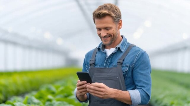 Smiling Gardener Using Smartphone in Greenhouse: A content gardener, clad in practical overalls, engages with their smartphone.