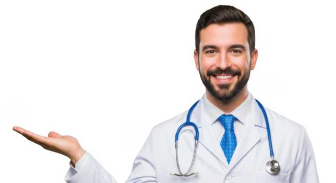 Smiling doctor presenting with open palm isolated on transparent background