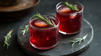 Refreshing cranberry cocktails with rosemary garnish on slate coaster