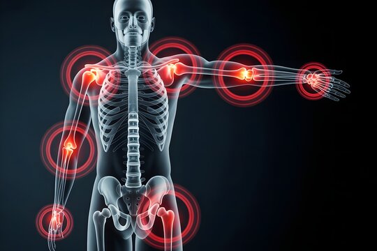 Anatomical illustration of a human skeleton highlighting areas of pain and inflammation with glowing red circles on joints and limbs against a dark background