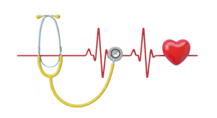 A stethoscope rests on a heart rhythm line, isolated on transparent background
