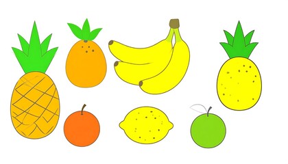 Simple cartoon drawing of various fruits