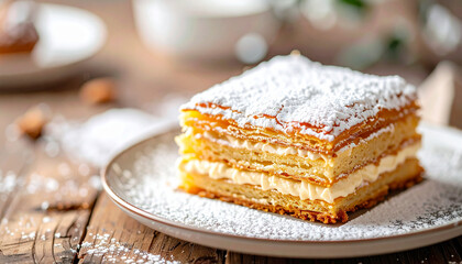 Slice of mille-feuille with powdered sugar. Tasty sweet food. Delicious dessert.
