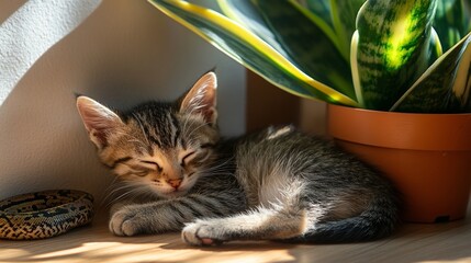 Sleeping tabby kitten next to potted snake plant in sunlight