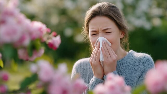 A young woman sneezes into a tissue amidst cherry and apple blossoms, highlighting spring allergies with a touch of natural light.
