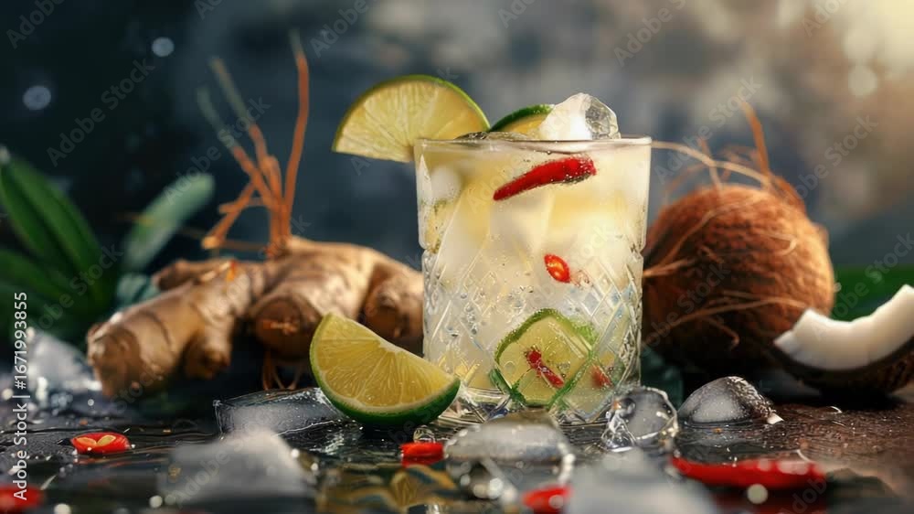 Poster a refreshing drink served on a table with a splash of lime and a dash of chili