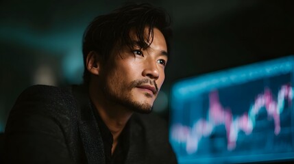 Asian businessman analyzing chart on monitor